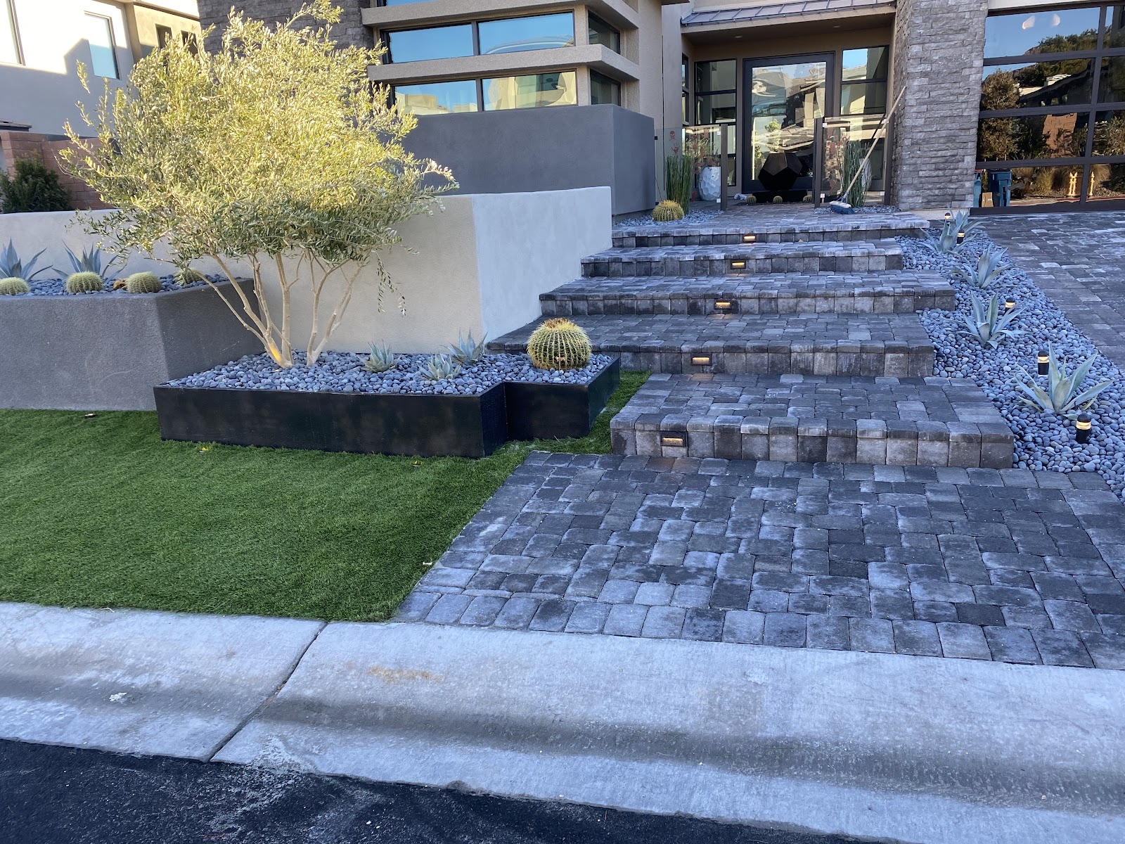 Modern home entrance with paver steps, a turf lawn and cactus planters
