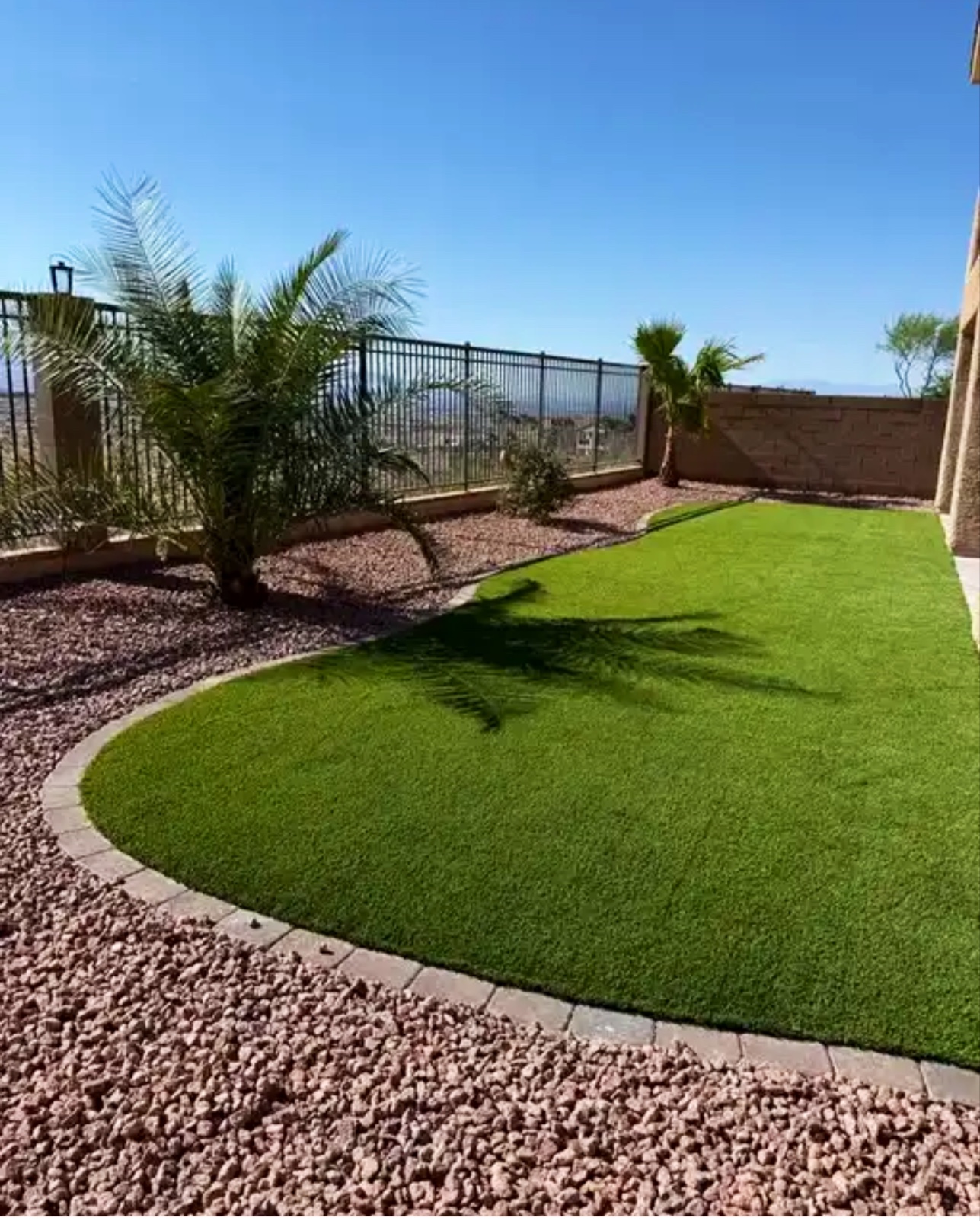 Curved artificial turf lawn bordered by pavers and decorative rock with palm trees